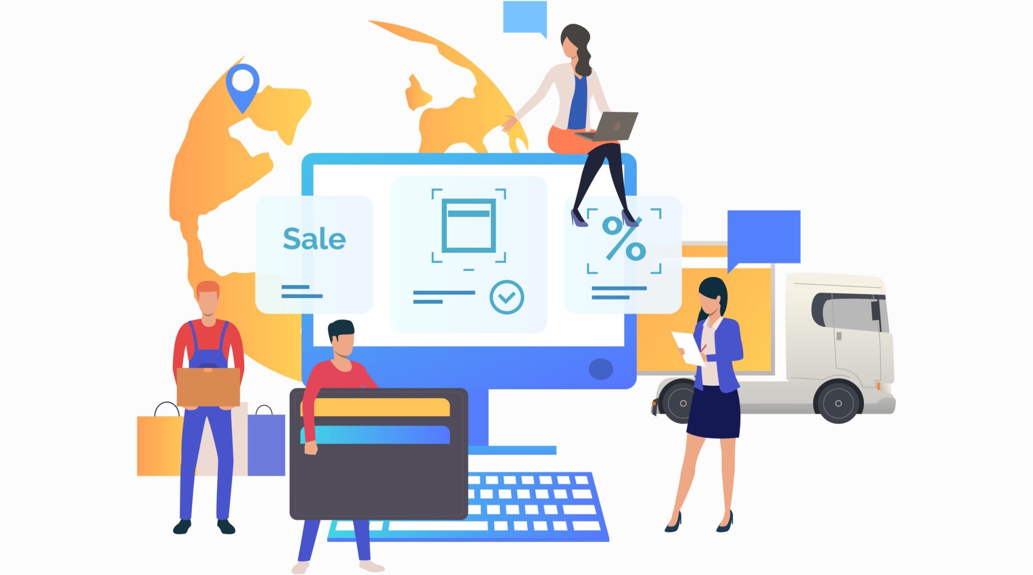 Team of online store working with customer. Buying, marketing, consulting, delivery. Online shop concept. Vector illustration can be used for topics like sale, shopping, purchasing